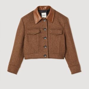 Sandro King Cropped Wool Twill Jacket Leather Collar